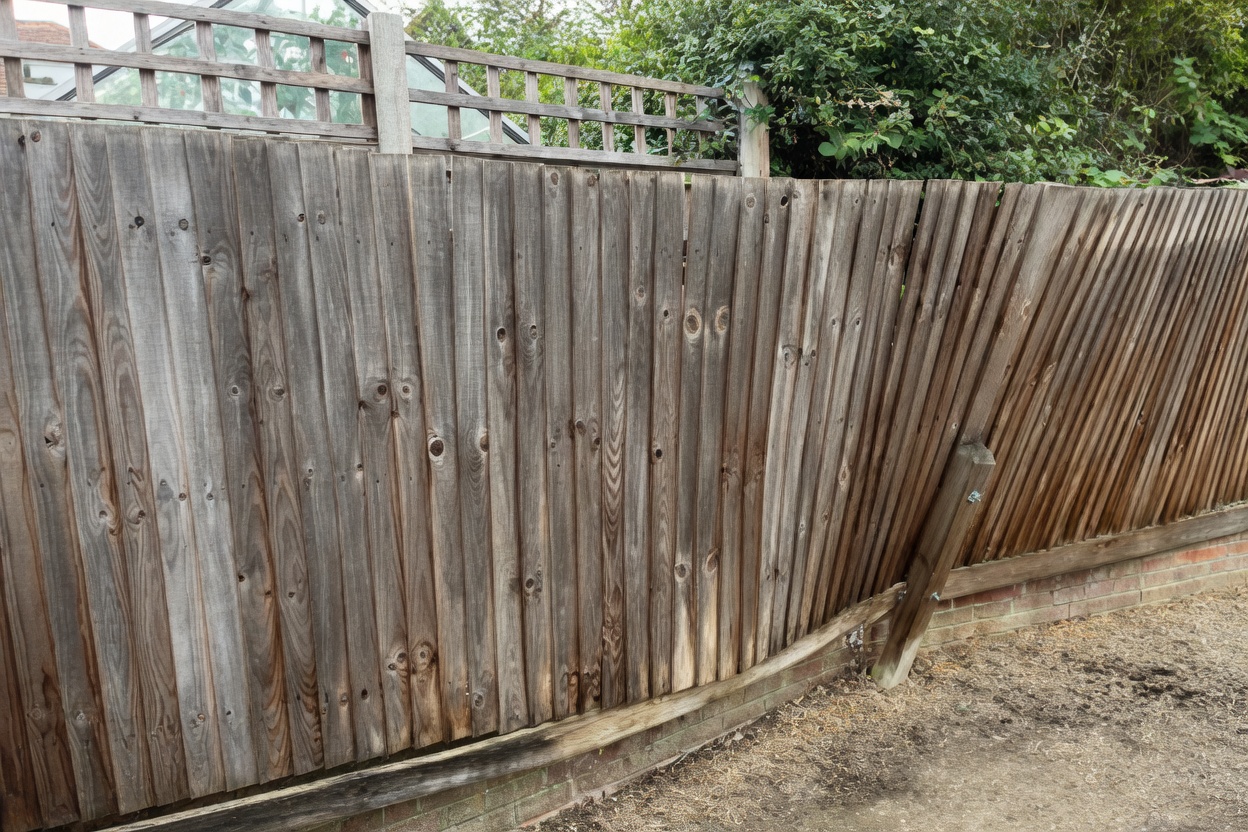 Old weathered feather-edge fence, leaning and warped