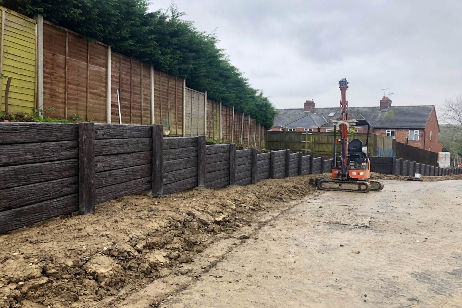 Sleeper-built retaining wall mid-construction with mini-excavator on site