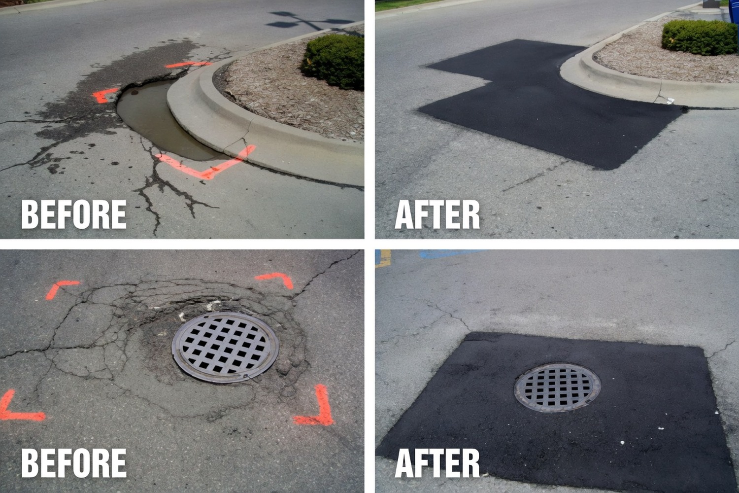 Before-and-after composite of two pothole repairs — cracked, water-pooled potholes on the left, clean hot-mix patches flush with the surface on the right