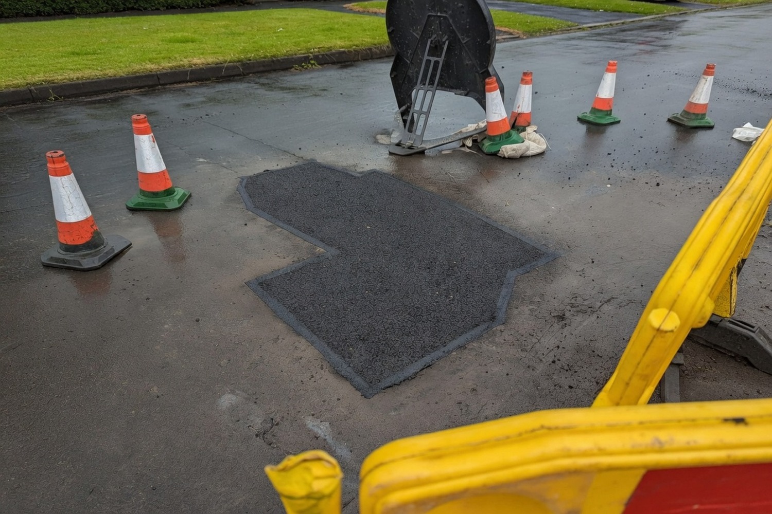 Larger road-surface repair with traffic barriers around the work area