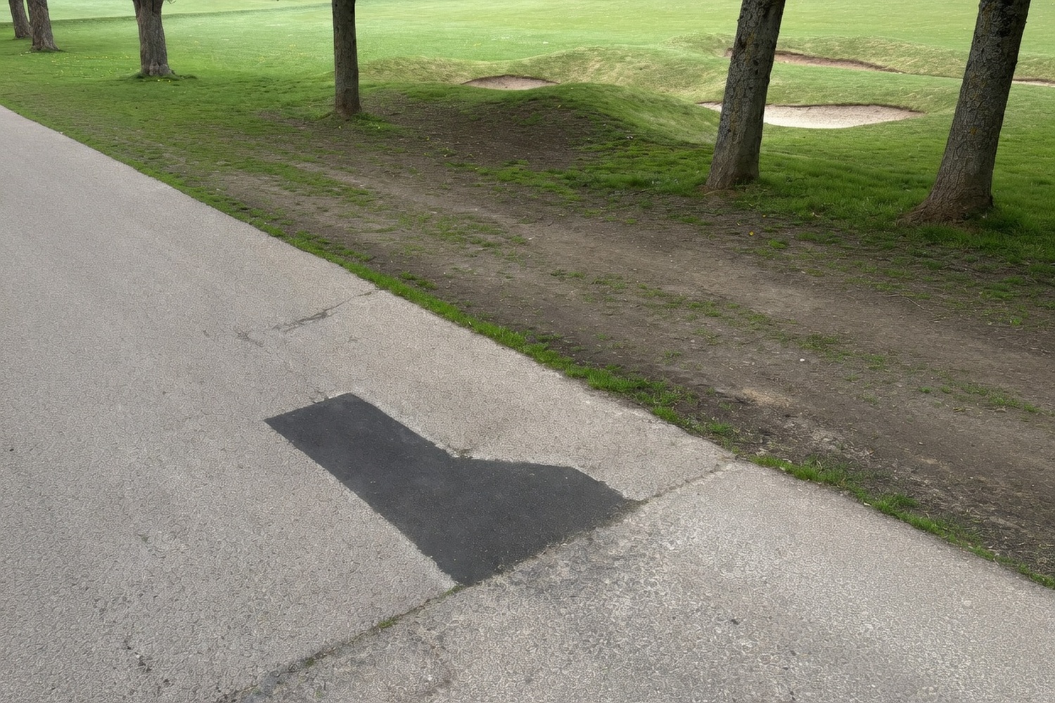 L-shaped asphalt patch repair on a path beside a golf course