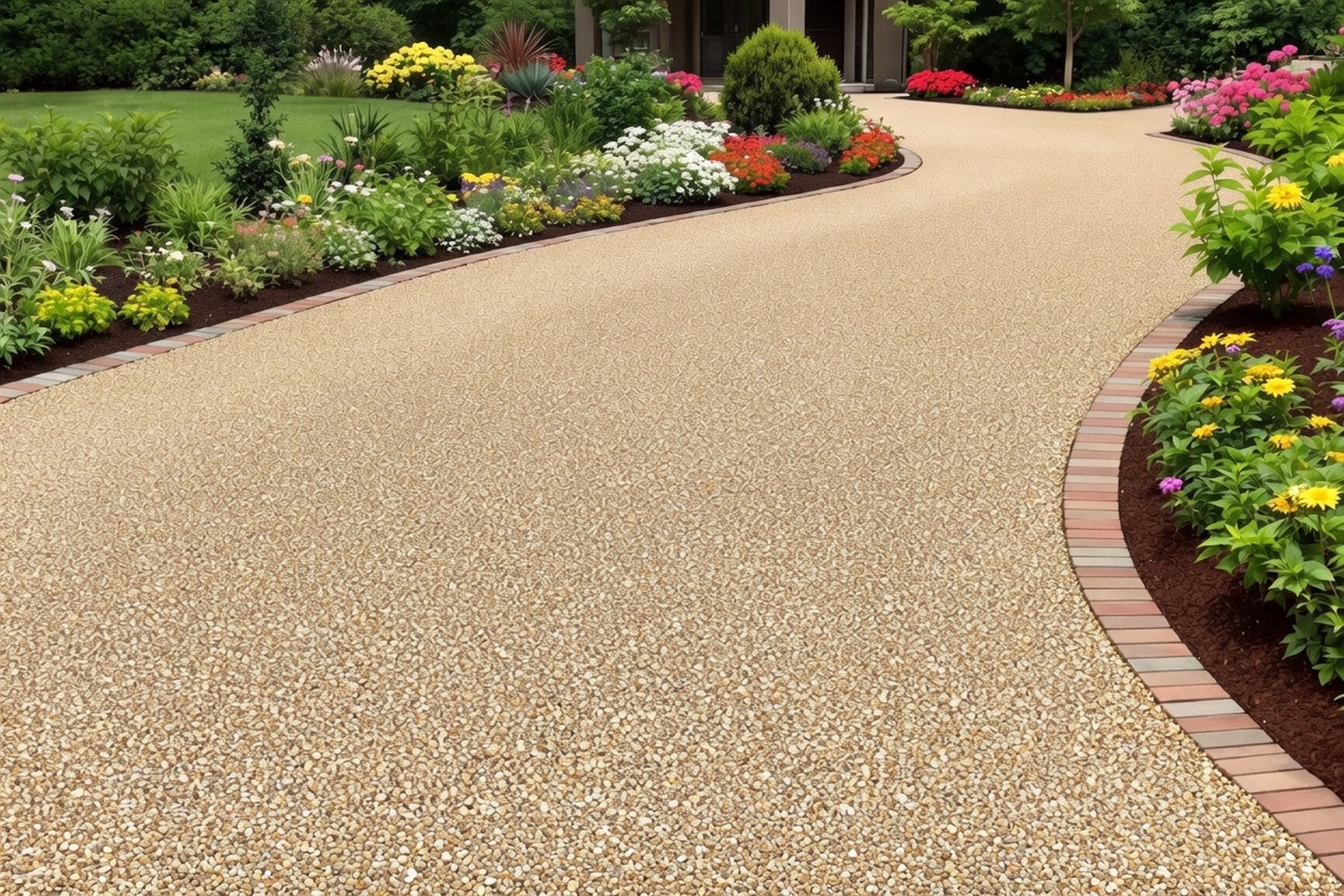 Decorative gravel driveway lined with flower beds
