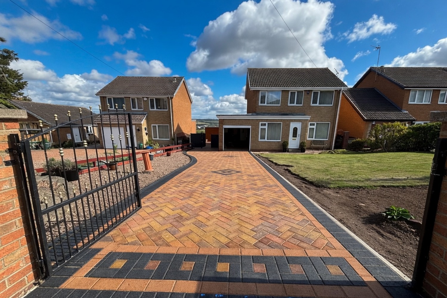 Herringbone red block-paved driveway with decorative border, framed by black iron gates and a brick-paved house