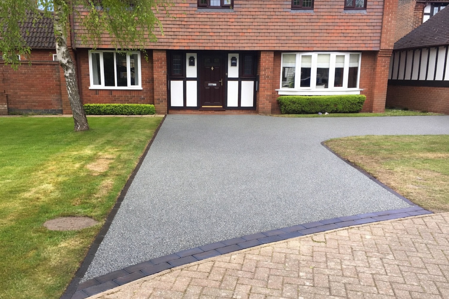 Grey shingle driveway with mature tree
