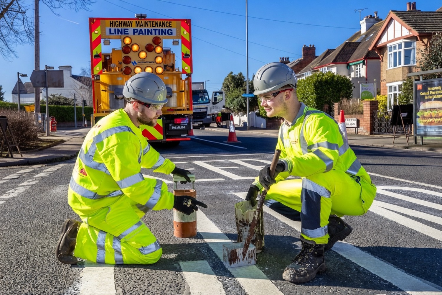 Line-painting crew working on a road during the day