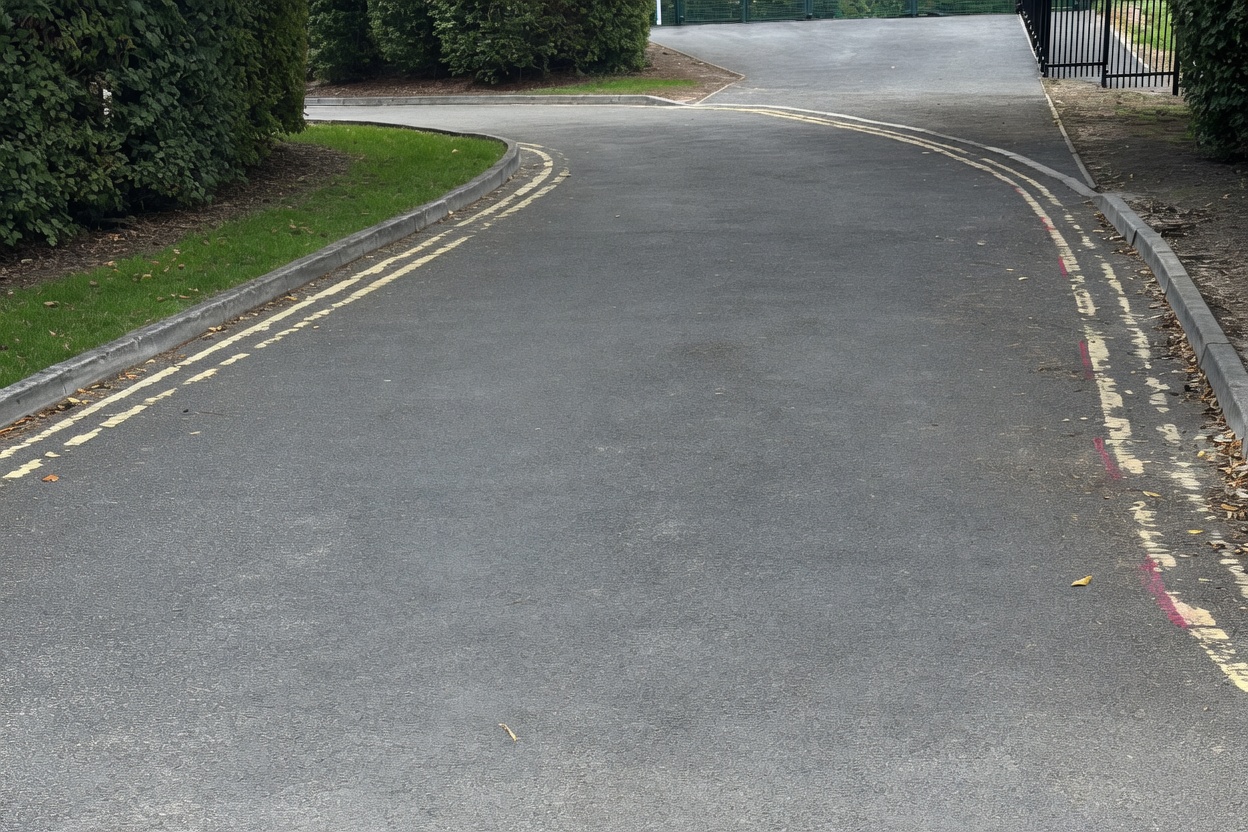 Existing commercial estate road with faded double yellow lines before works