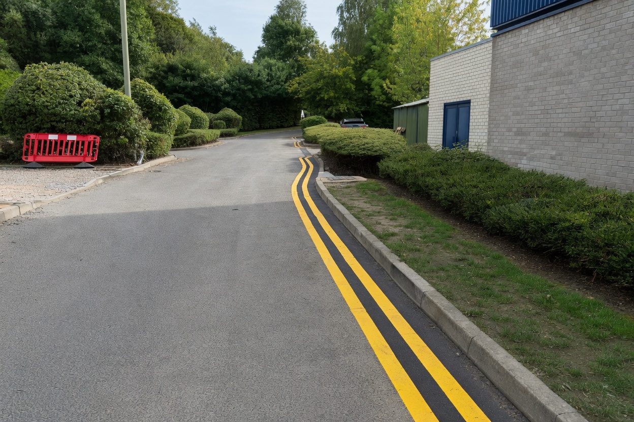 Completed tarmac reinstatement with new thermoplastic double yellow lines