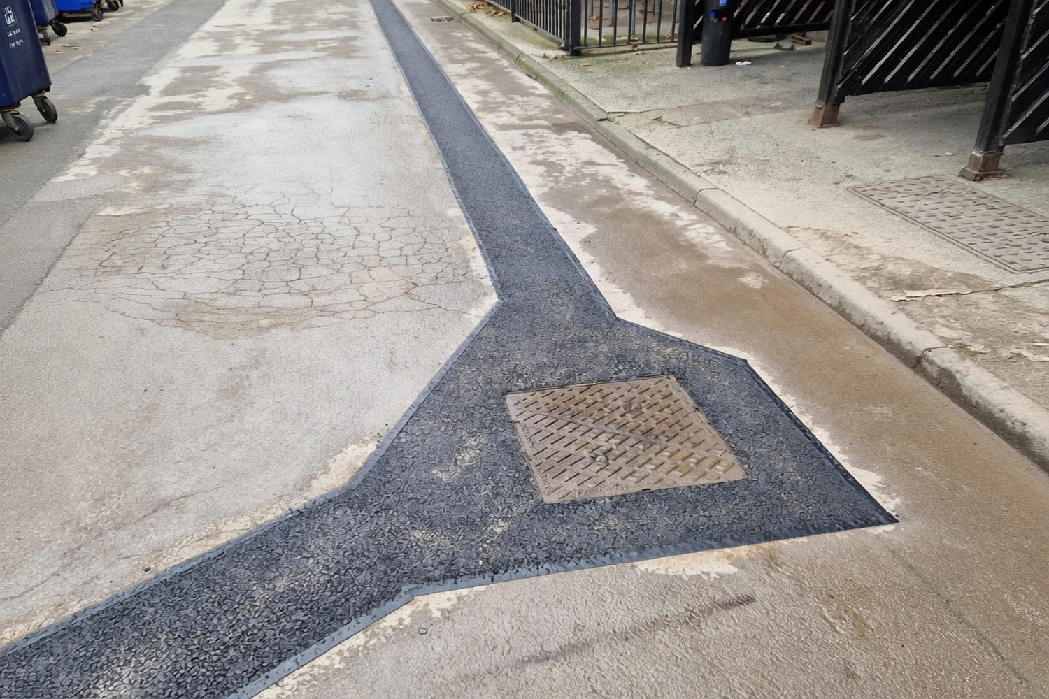 Finished hot-mix asphalt strip reinstatement around a manhole cover, kerb-to-kerb